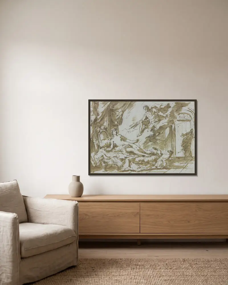 Jupiter und Semele von Gaspare Diziani gerahmt an einer Wand