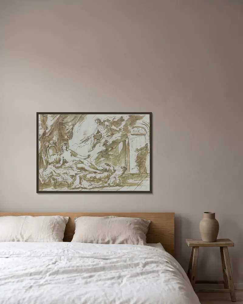 Jupiter und Semele von Gaspare Diziani gerahmt an einer Wand