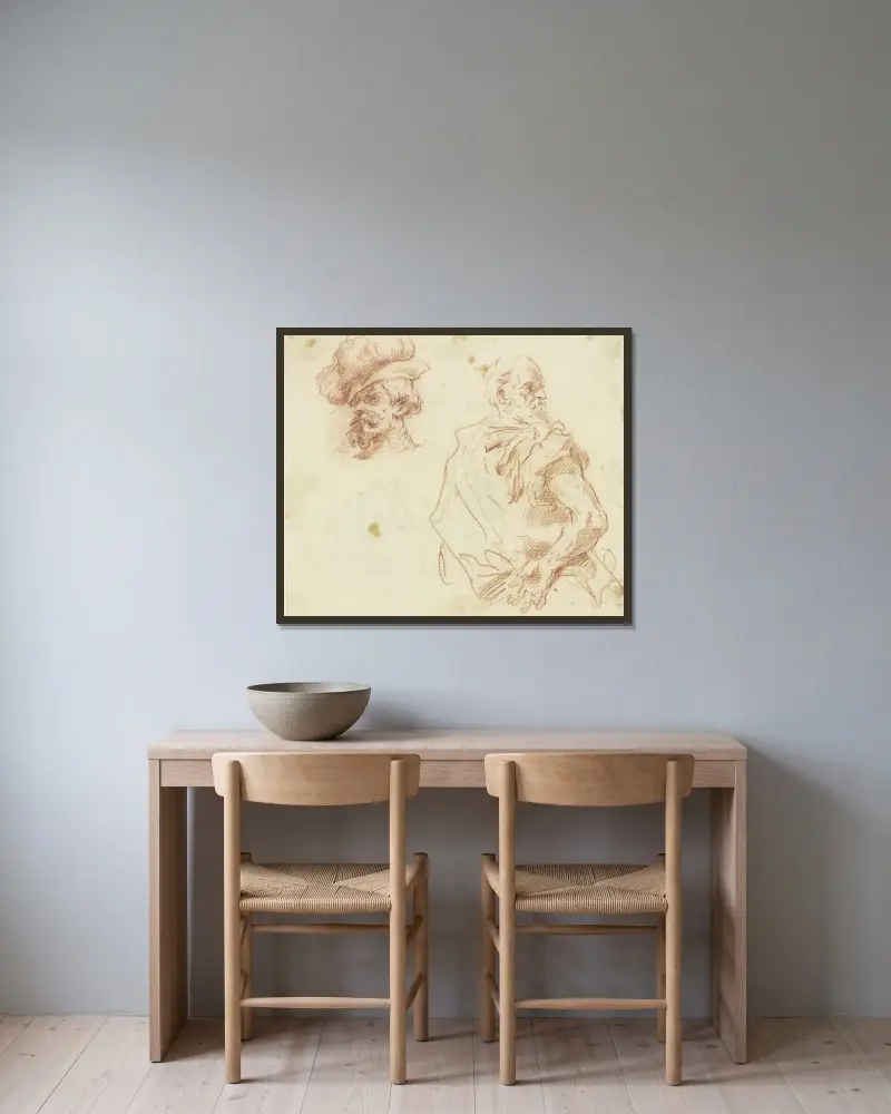 Huvud av skäggig man med hatt, ryggvy av en man av Gaspare Diziani inramad på en vägg