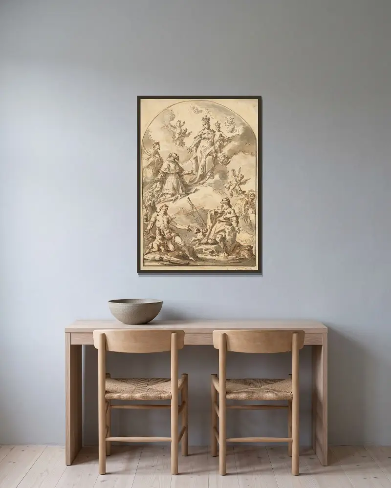 Die gekrönte Madonna mit dem Kind in Herrlichkeit, mit den Heiligen Sebastian, Rochus, Hieronymus und Johannes Nepomuk von Gaspare Diziani gerahmt an einer Wand