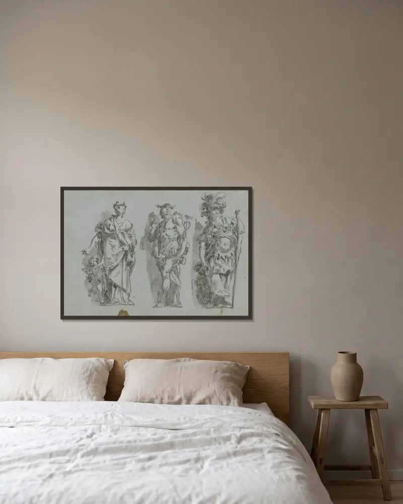 Venus, Merkurius och Minerva (scheinskulptur) av Gaspare Diziani inramad på en vägg