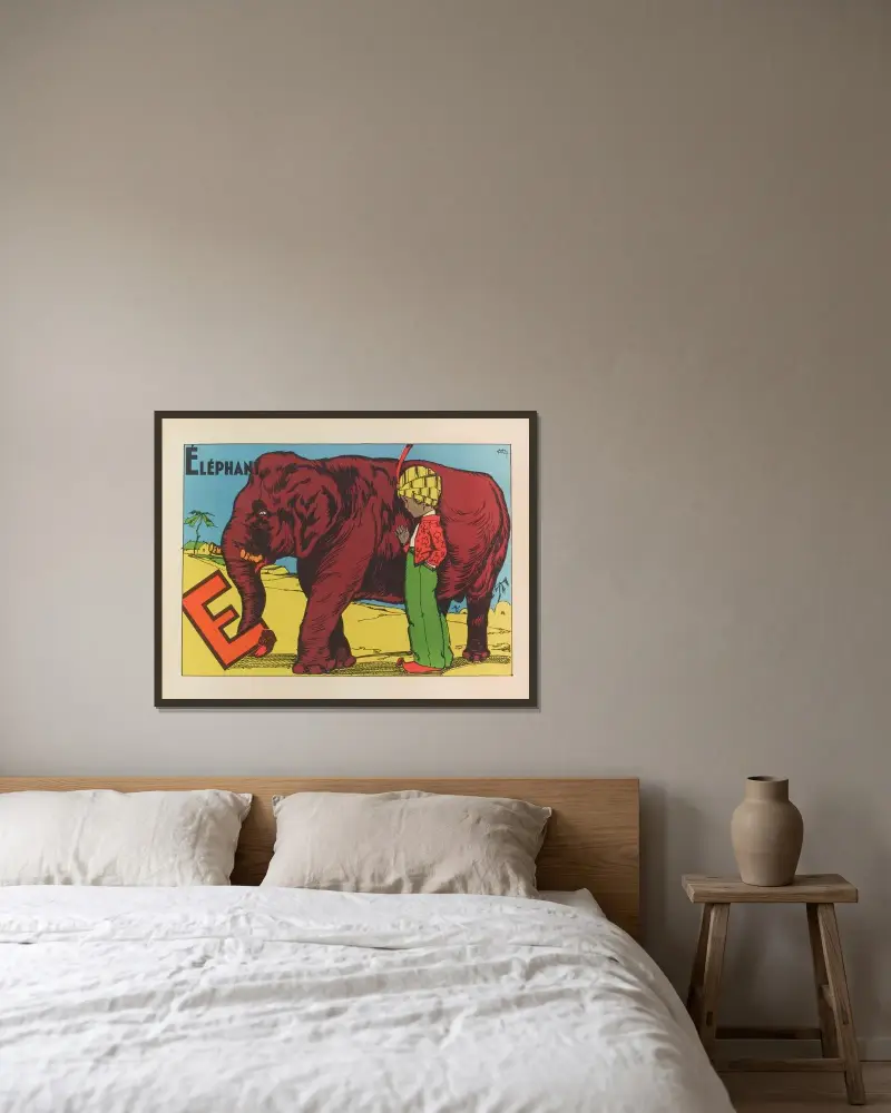 Eléphant av Gaston Marechaux inramad på en vägg