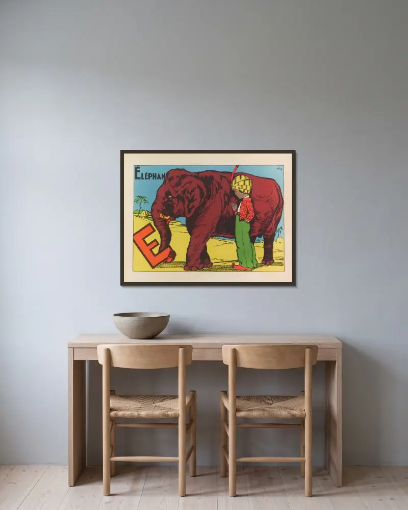 Eléphant av Gaston Marechaux inramad på en vägg