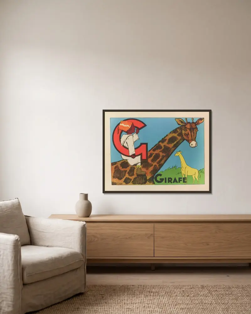 Giraff av Gaston Marechaux inramad på en vägg