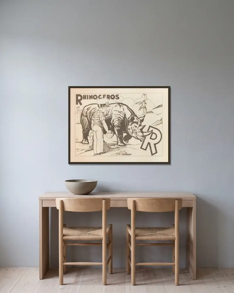 Rhinocéros av Gaston Marechaux inramad på en vägg