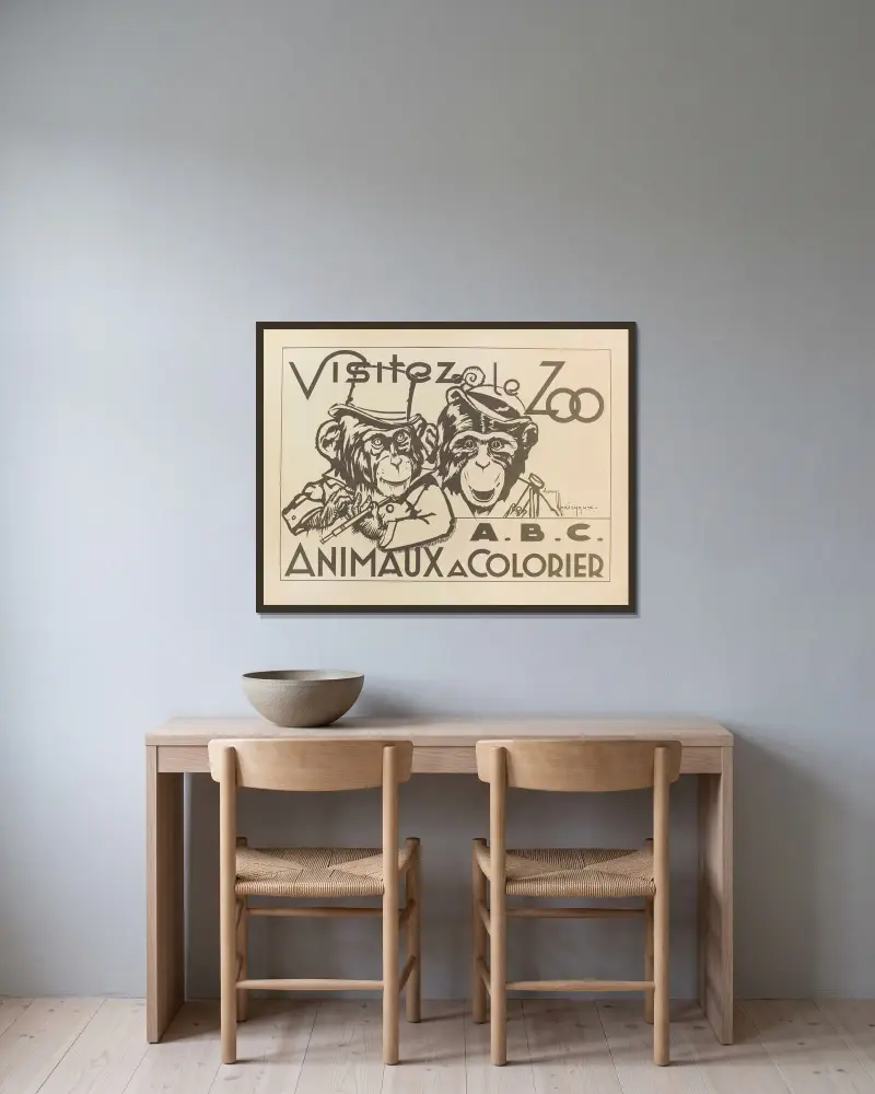 Visitez le zoo. A.B.C. – Titlepage av Gaston Marechaux inramad på en vägg