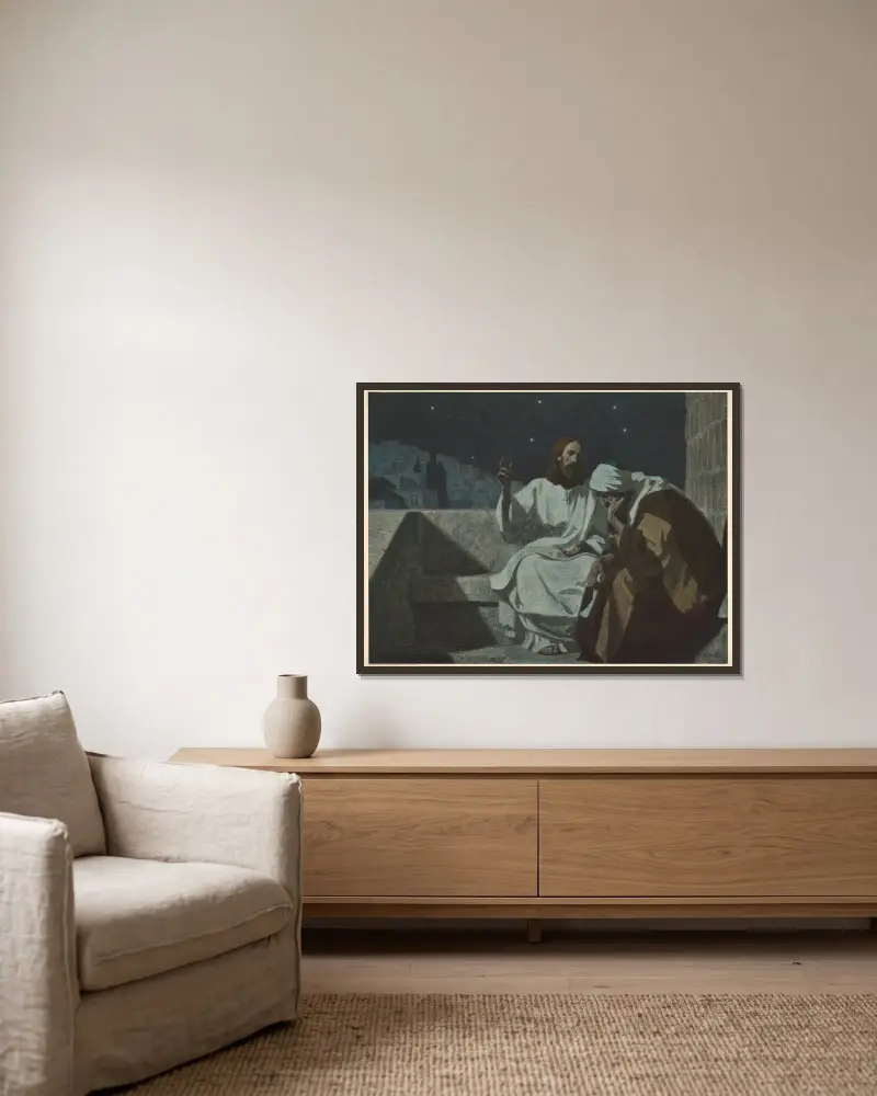 Jesus and Nicodemus av Gebhard Fugel inramad på en vägg