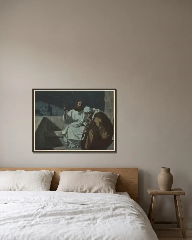 Jesus and Nicodemus av Gebhard Fugel inramad på en vägg