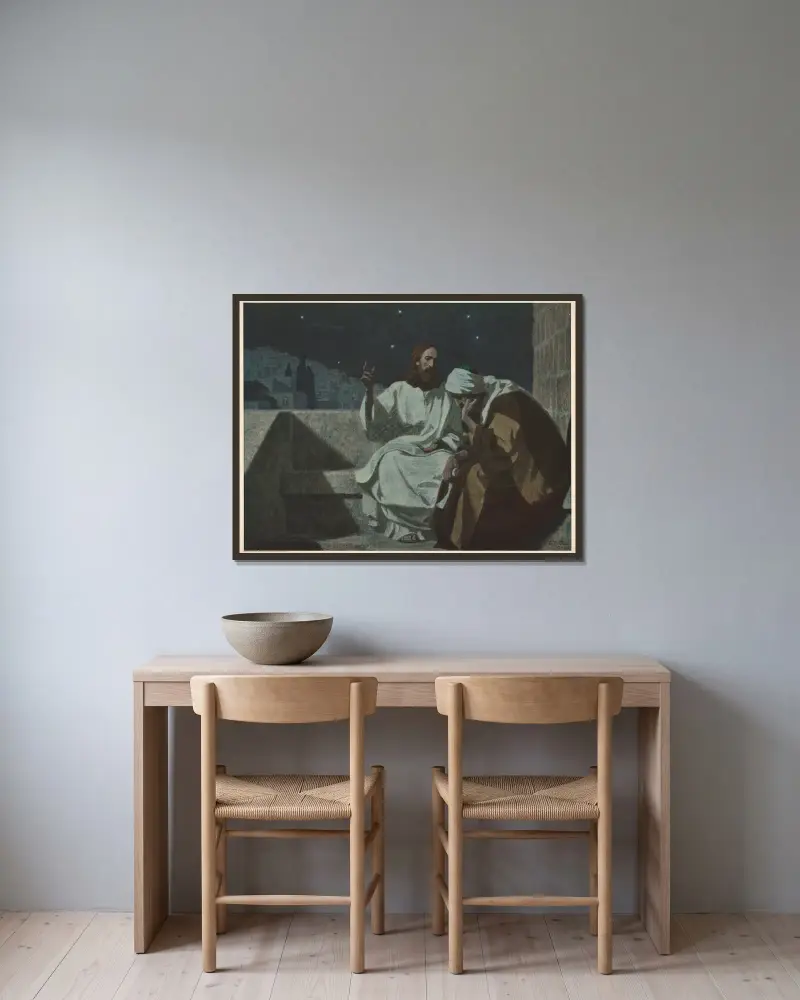 Jesus and Nicodemus av Gebhard Fugel inramad på en vägg