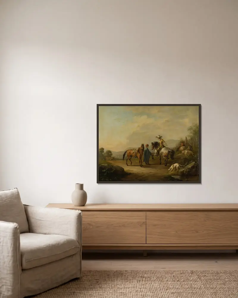 A Gentleman on Horseback with his Groom av Johann Georg Pforr inramad på en vägg