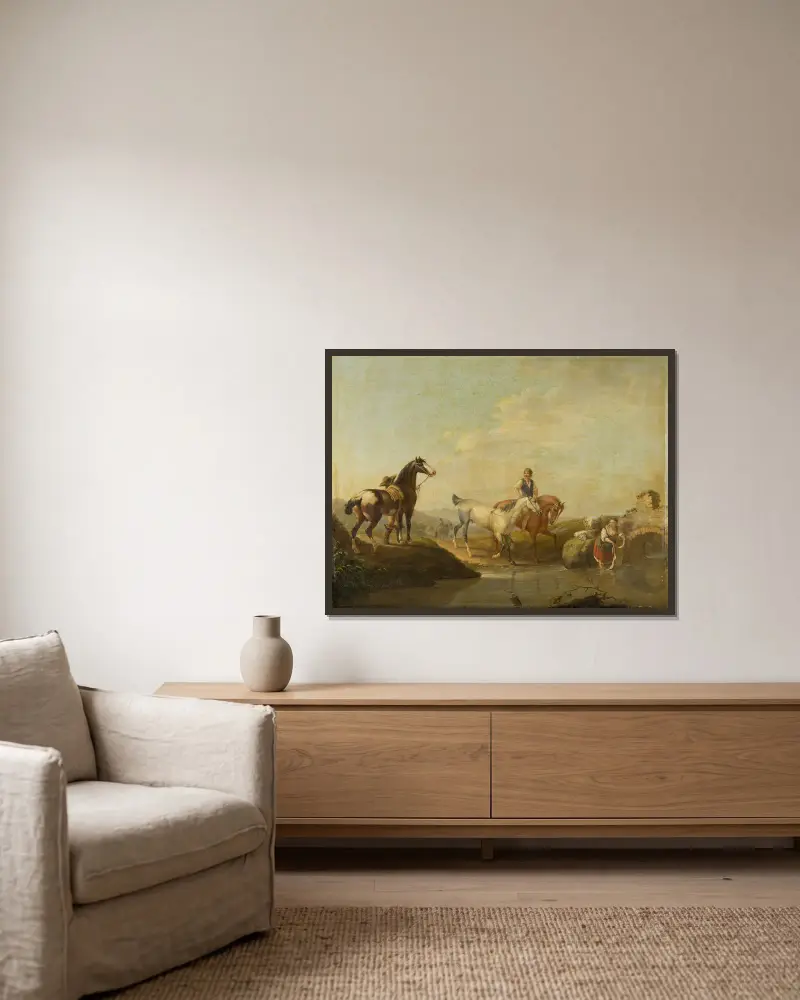 A Groom Leading two Horses to the Water av Johann Georg Pforr inramad på en vägg