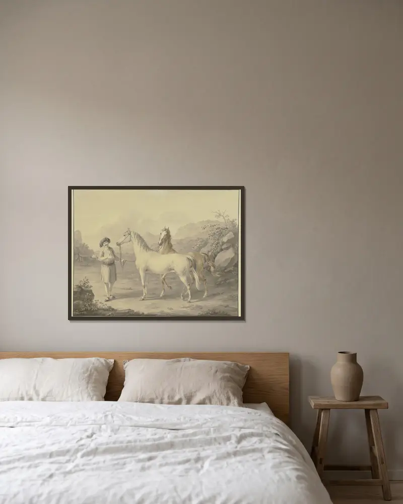 Arabische Pferde von Johann Georg Pforr gerahmt an einer Wand
