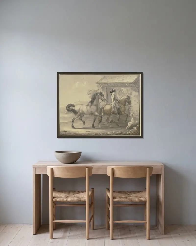 Deutsche Pferde aus Friesland und Holstein av Johann Georg Pforr inramad på en vägg