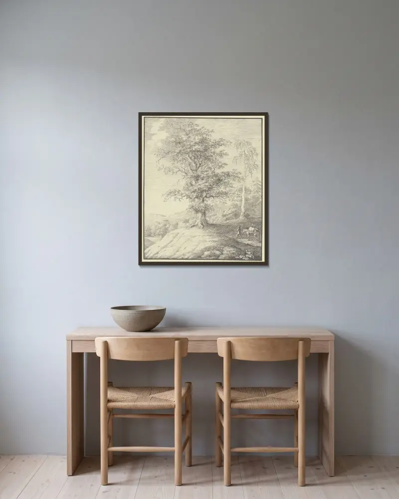 Ek och björk på en höjd, från höger leder en man en packad häst av Johann Georg Pforr inramad på en vägg