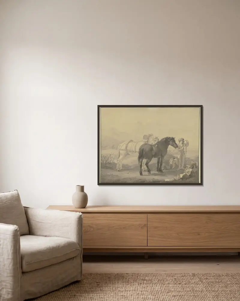 French horses av Johann Georg Pforr inramad på en vägg