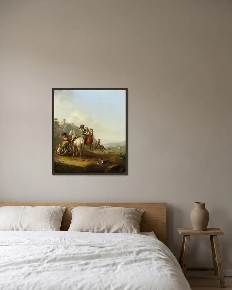 Harejakt med falkenerare av Johann Georg Pforr inramad på en vägg