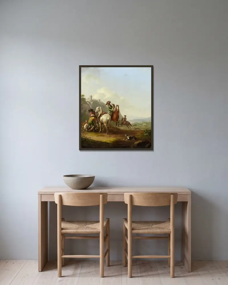 Harejakt med falkenerare av Johann Georg Pforr inramad på en vägg