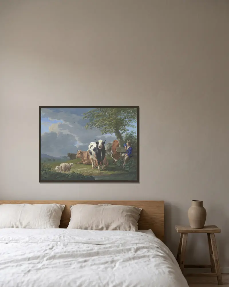 Herde under ett träd med sin nötboskap och två får av Johann Georg Pforr inramad på en vägg