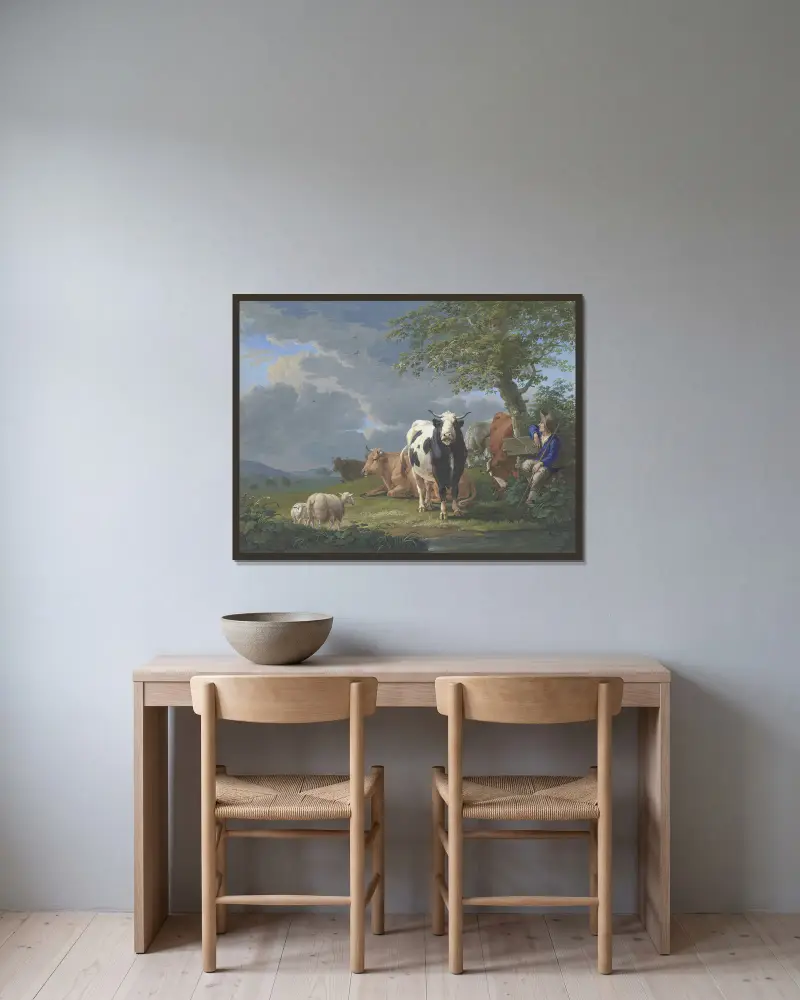 Herde under ett träd med sin nötboskap och två får av Johann Georg Pforr inramad på en vägg