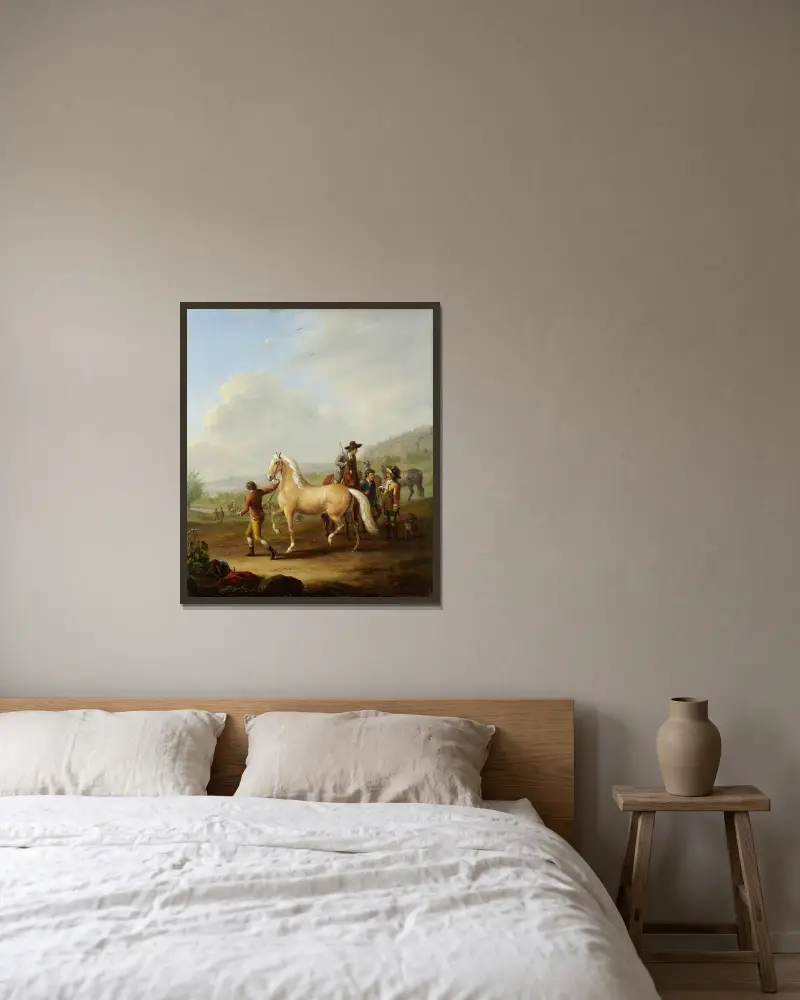 Hästmarknad av Johann Georg Pforr inramad på en vägg