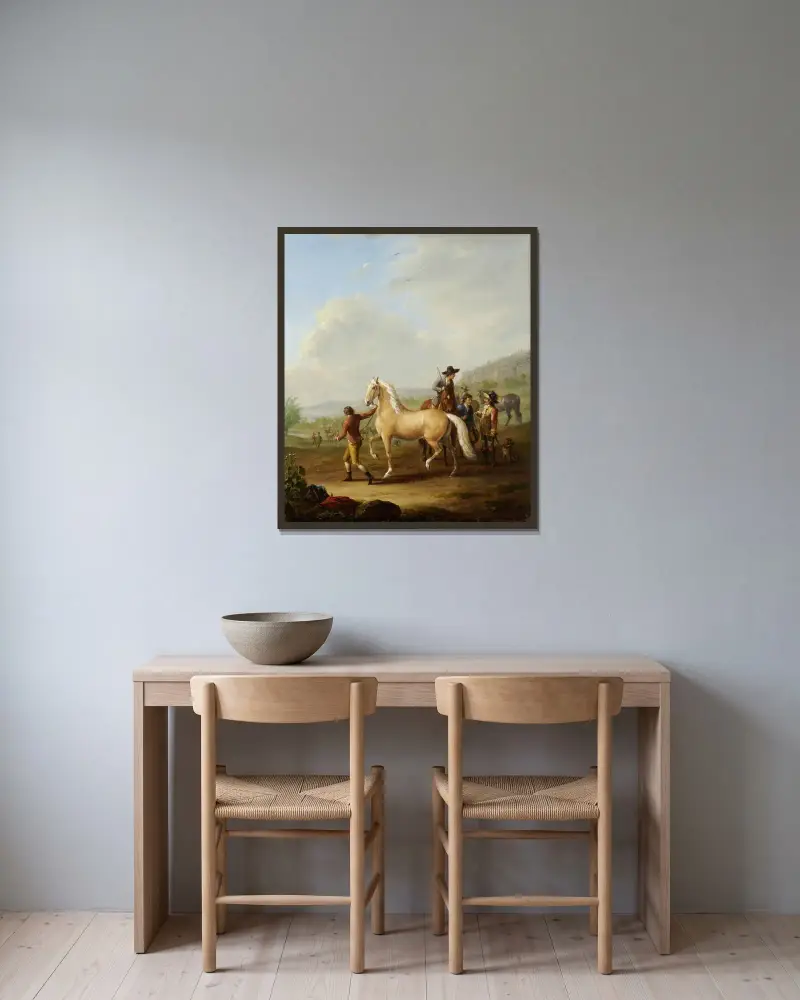 Hästmarknad av Johann Georg Pforr inramad på en vägg