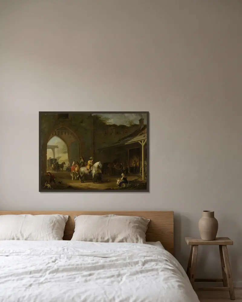 Ryttare vid smedjan av Johann Georg Pforr inramad på en vägg