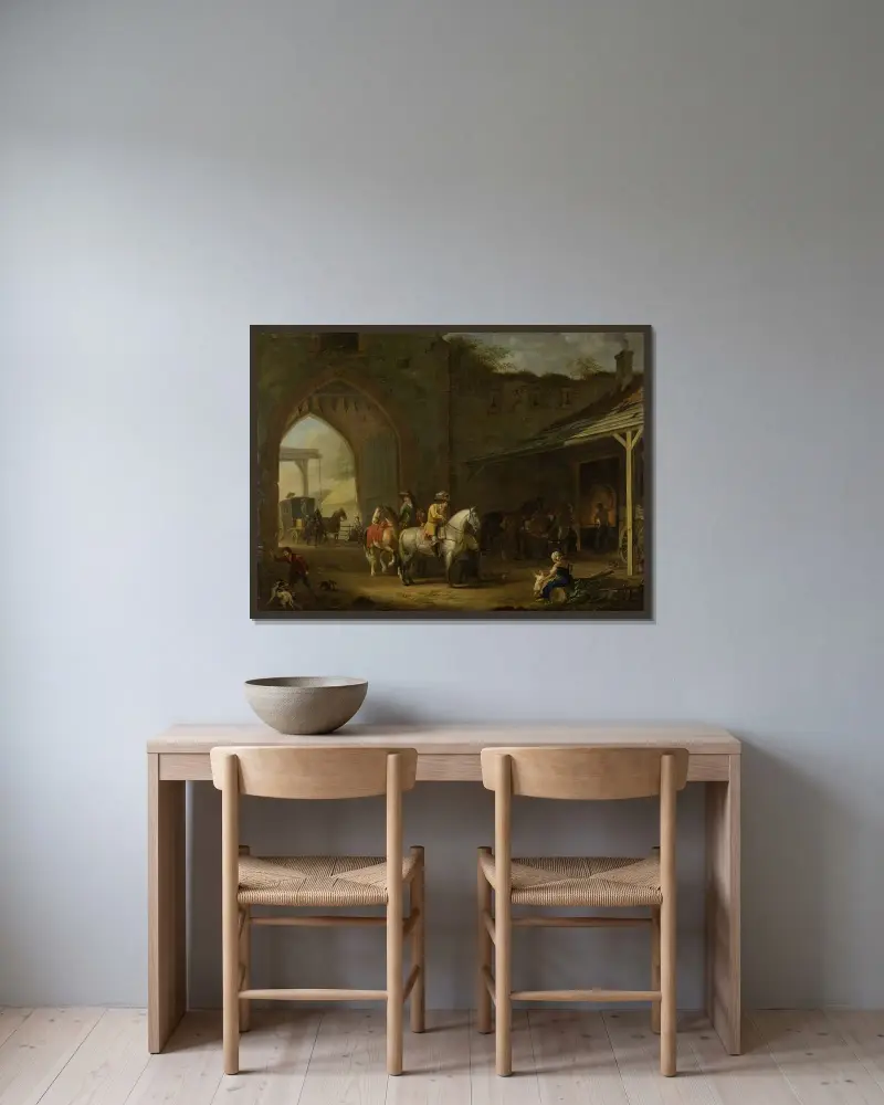 Ryttare vid smedjan av Johann Georg Pforr inramad på en vägg