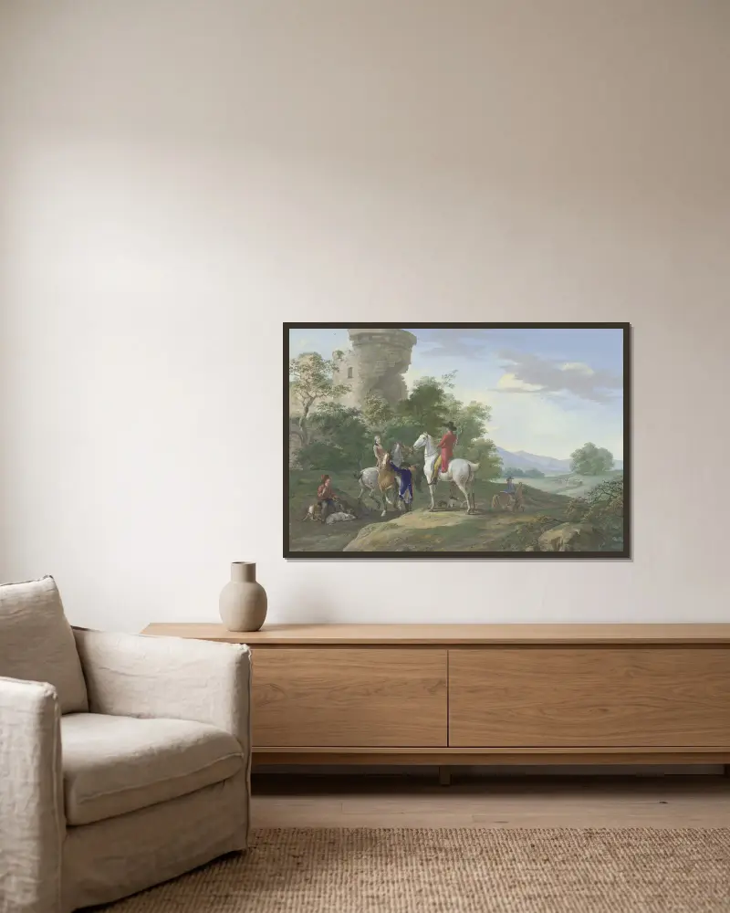 Jägare med hästar och jakthundar rastar vid en ruin av Johann Georg Pforr inramad på en vägg