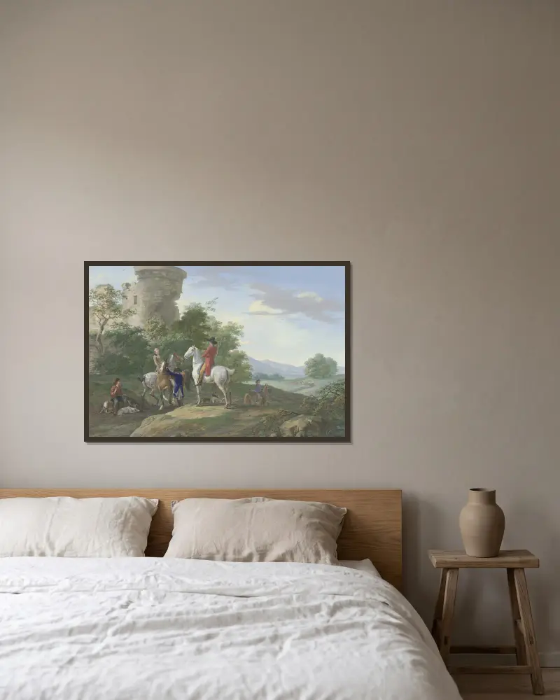 Jägare med hästar och jakthundar rastar vid en ruin av Johann Georg Pforr inramad på en vägg