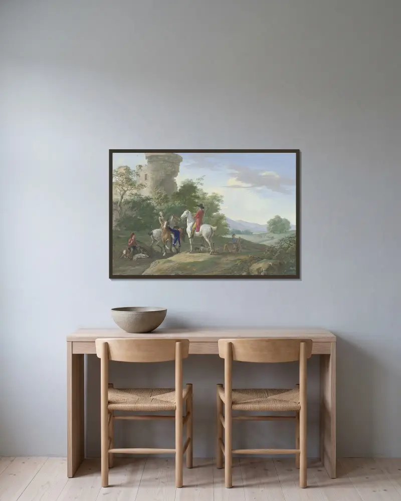 Jägare med hästar och jakthundar rastar vid en ruin av Johann Georg Pforr inramad på en vägg