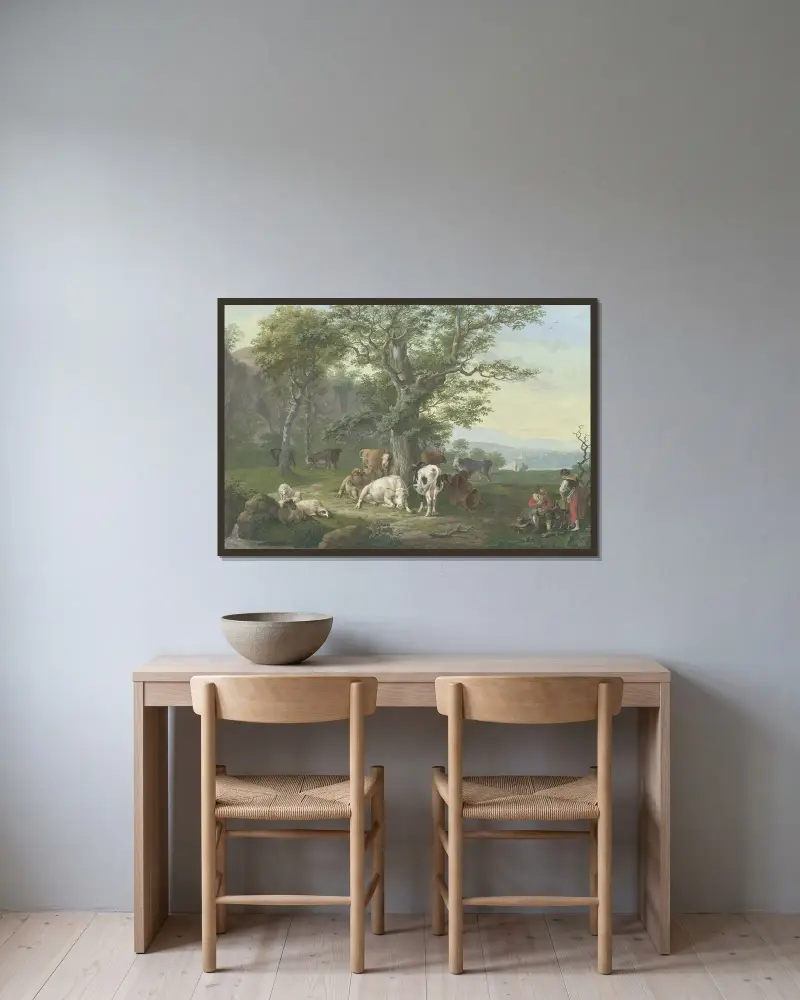 Lagernde Herde unter einer Eiche, rechts Hirte und Hirtin bei der Mahlzeit und Ausblick in die Ferne av Johann Georg Pforr inramad på en vägg