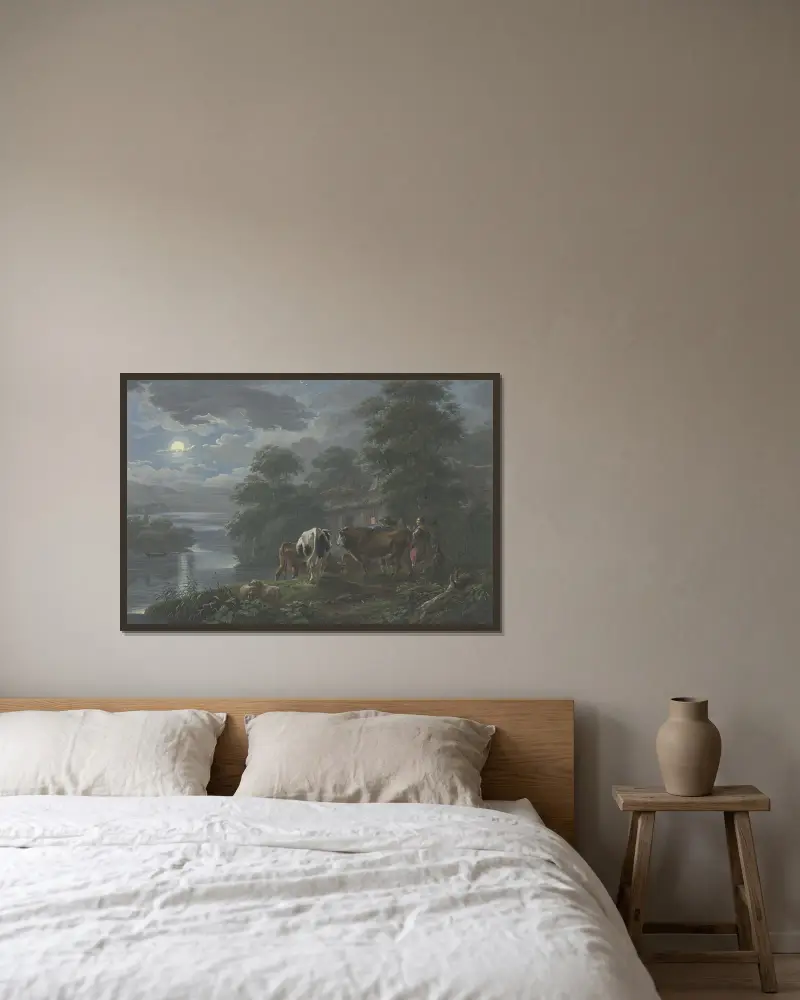 Mondscheinlandschaft an einem Fluß, Hirte und Hirtin treiben das Vieh zum Hof av Johann Georg Pforr inramad på en vägg