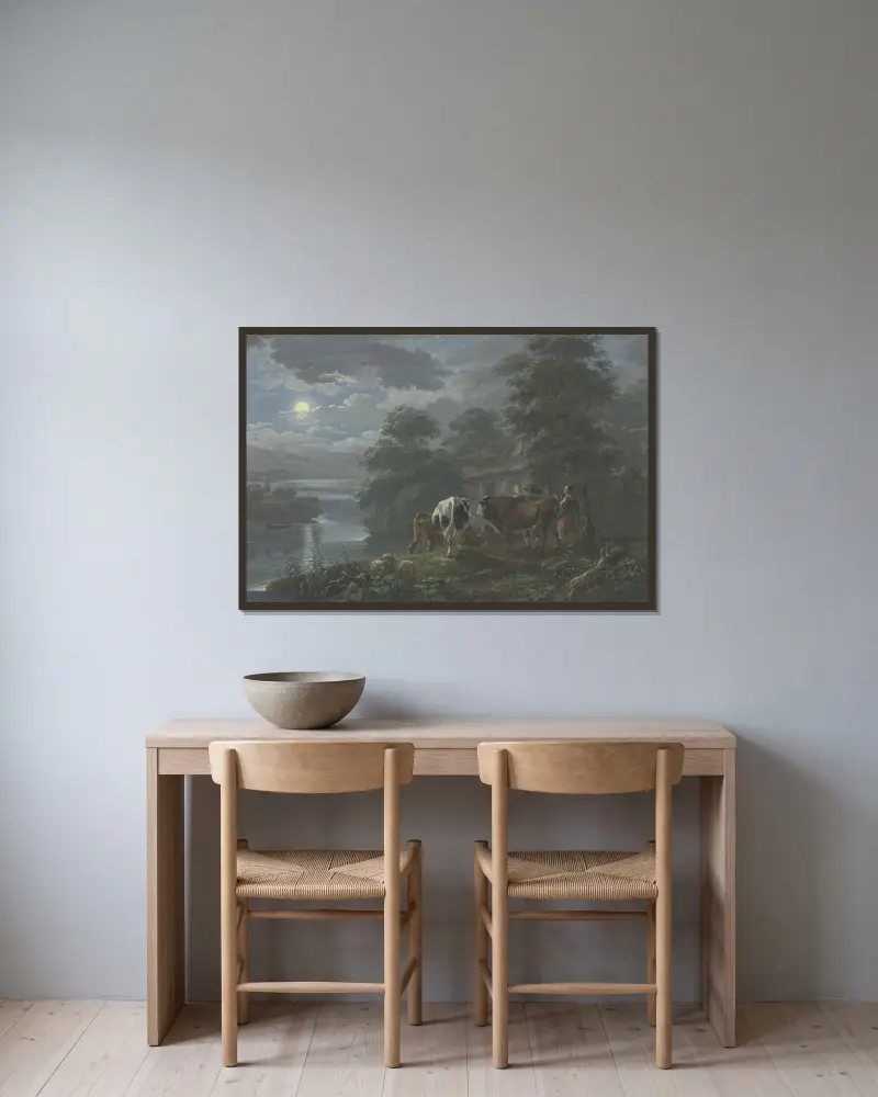 Mondscheinlandschaft an einem Fluß, Hirte und Hirtin treiben das Vieh zum Hof av Johann Georg Pforr inramad på en vägg