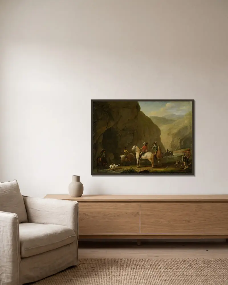 Bergslandskap med jaktfölje av Johann Georg Pforr inramad på en vägg