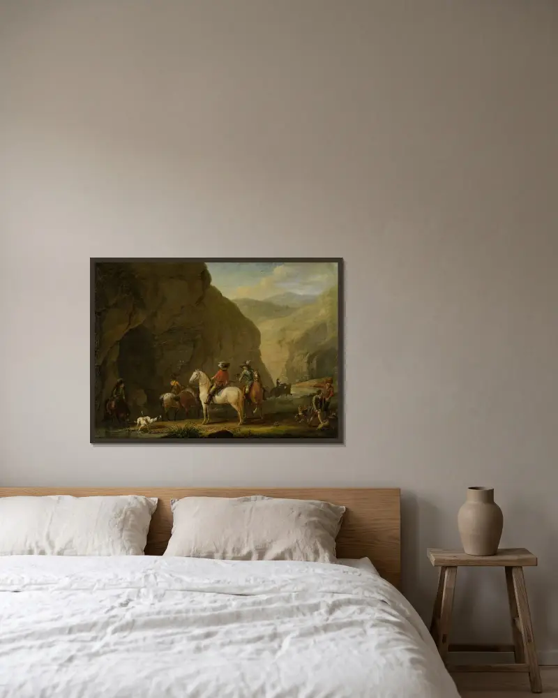 Bergslandskap med jaktfölje av Johann Georg Pforr inramad på en vägg