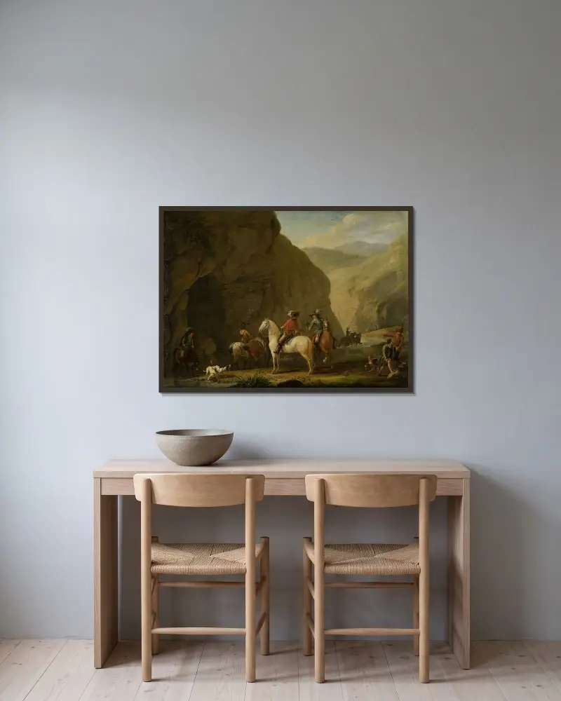 Bergslandskap med jaktfölje av Johann Georg Pforr inramad på en vägg