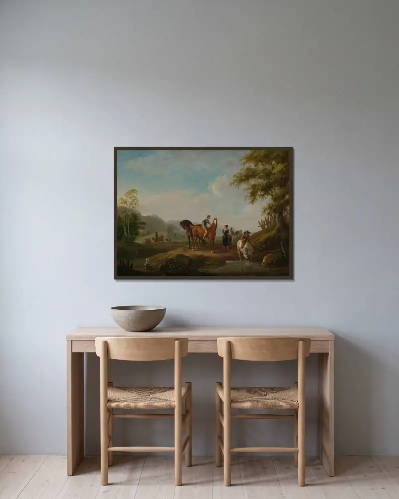 Hästar vid vattningsplatsen av Johann Georg Pforr inramad på en vägg