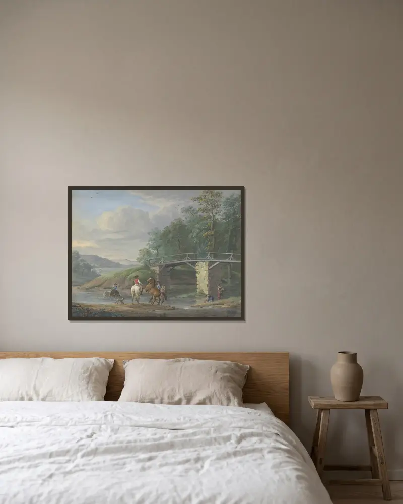 Pferde in der Schwemme bei einer Brücke, rechts zwei Wäscherinnen av Johann Georg Pforr inramad på en vägg