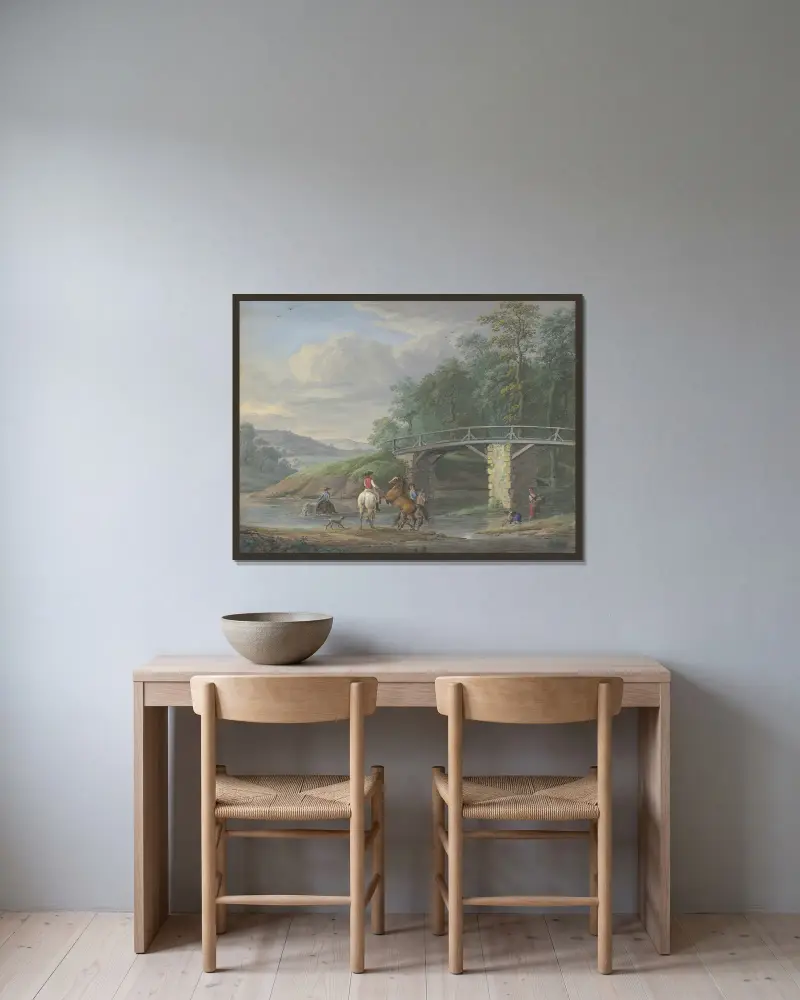 Pferde in der Schwemme bei einer Brücke, rechts zwei Wäscherinnen av Johann Georg Pforr inramad på en vägg