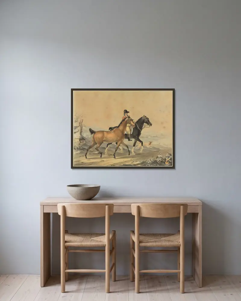 Ryttare med två hästar och hund av Johann Georg Pforr inramad på en vägg