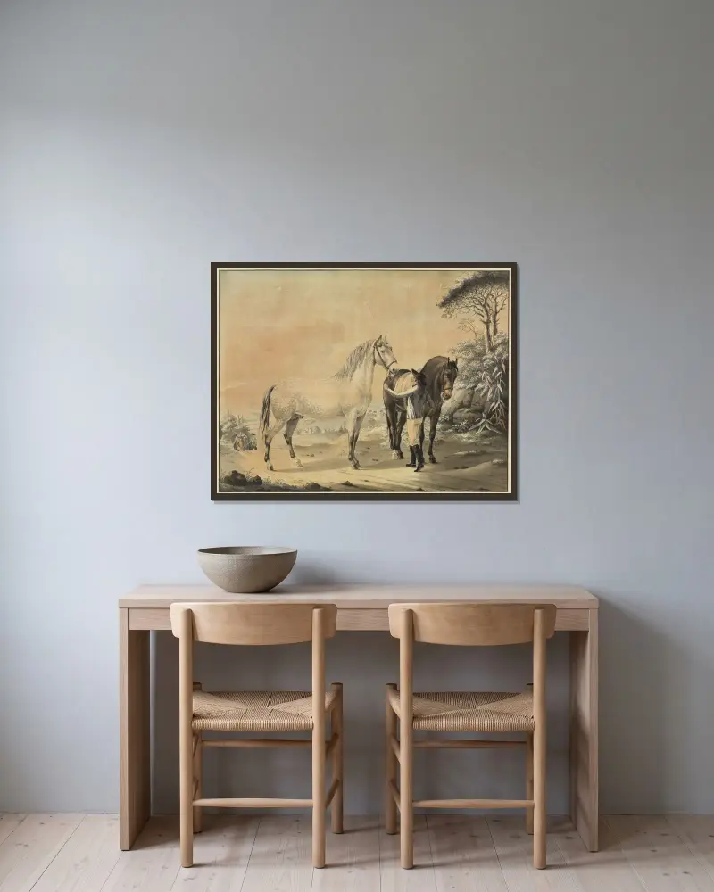 Stallpojke med skimmel och svart häst av Johann Georg Pforr inramad på en vägg
