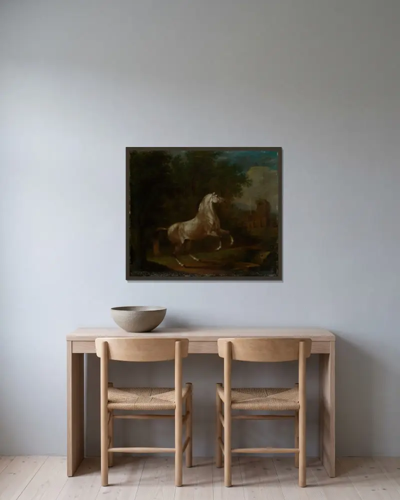 Steigender Schimmel av Johann Georg Pforr inramad på en vägg