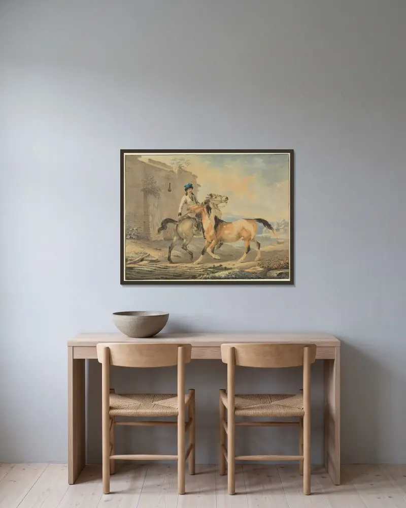 Turk med två hästar framför borggruin av Johann Georg Pforr inramad på en vägg