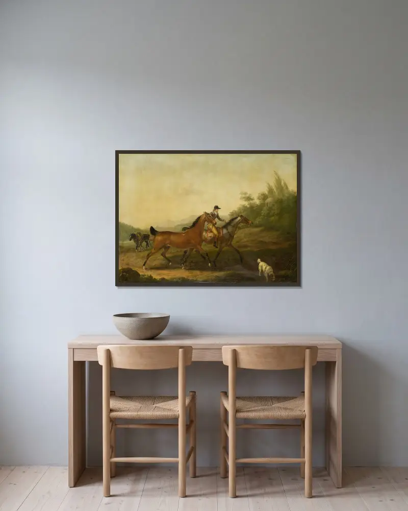 Två engelska hästar av Johann Georg Pforr inramad på en vägg