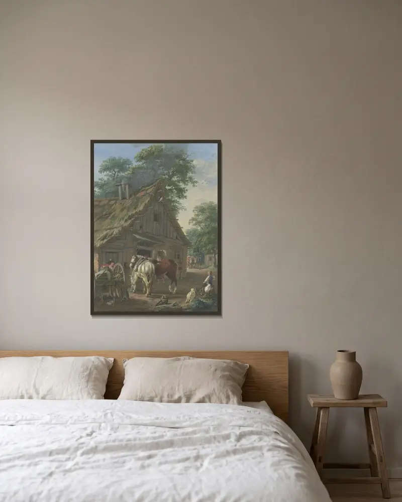 Två bondhästar framför en krog under träd av Johann Georg Pforr inramad på en vägg