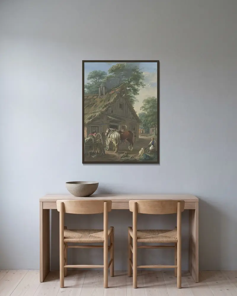 Två bondhästar framför en krog under träd av Johann Georg Pforr inramad på en vägg