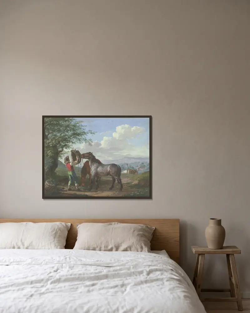 Zwei Pferde auf dem Felde unter einem Baum av Johann Georg Pforr inramad på en vägg