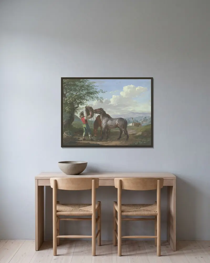 Zwei Pferde auf dem Felde unter einem Baum av Johann Georg Pforr inramad på en vägg