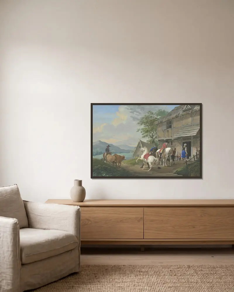 Zwei Reiter mit einem Packpferd halten vor einem Bauernhaus av Johann Georg Pforr inramad på en vägg