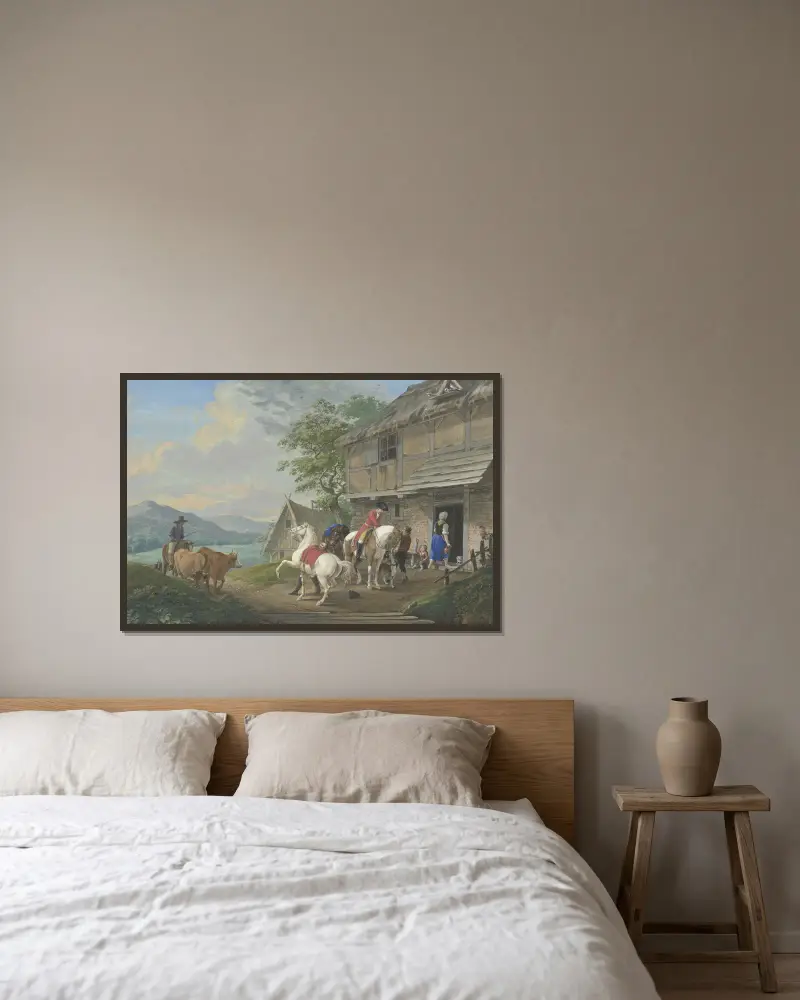 Zwei Reiter mit einem Packpferd halten vor einem Bauernhaus av Johann Georg Pforr inramad på en vägg